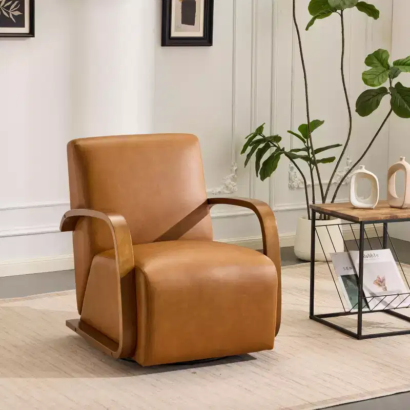 TUYOHW Swivel Accent Chair,Leisure Chair with Faux Leather Upholstery,Solid Wood Armrests,Ergonomic Single Swivel Sofa Chair for Living Room