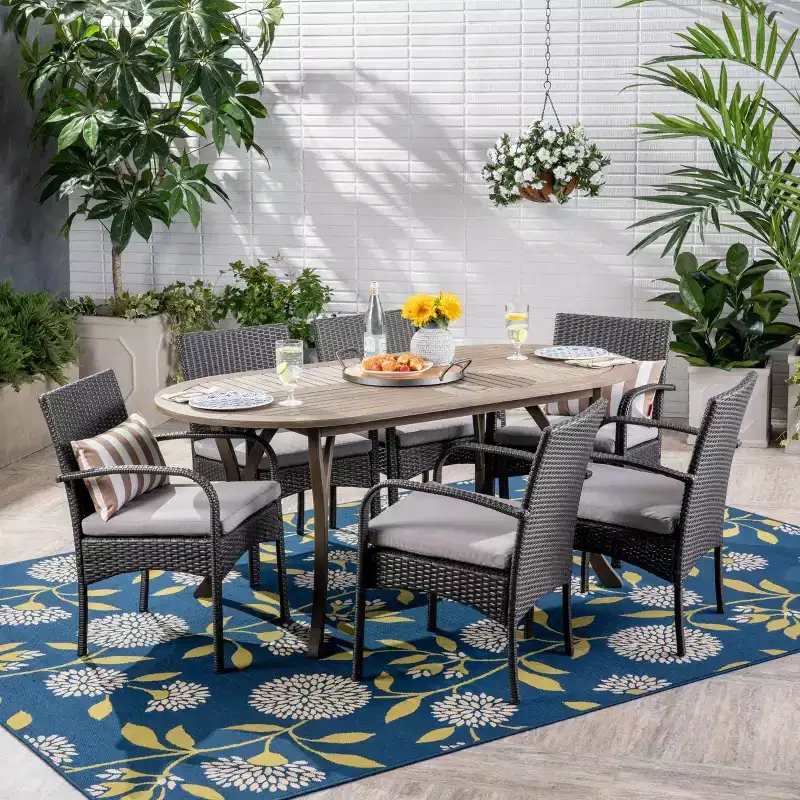 Christopher Knight Home Mason Outdoor Acacia Wood and Wicker 7 Piece Dining Set with Cushions