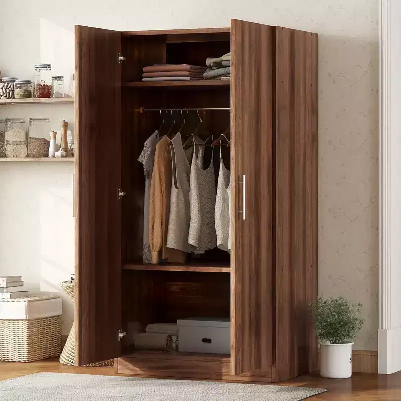 2-Door Wooden Wardrobe Armoire with 3 Storage Shelves, Brown - ModernLuxe