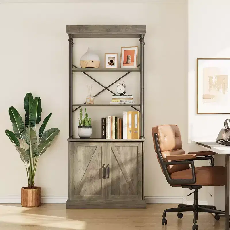 74 Industrial Farmhouse Bookcase with Doors Tall Wood & Metal Bookshelf with Storage Cabinet, Vintage Open Shelf Design