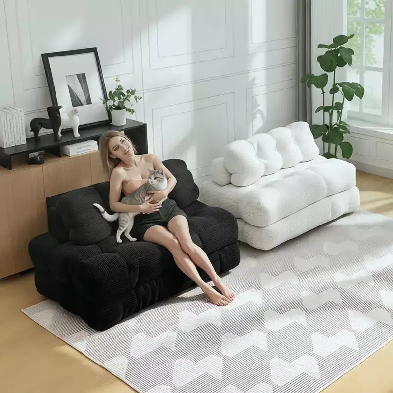 Convertible Folding Sofa Bed, Corduroy Floor Futon with Pillow, Shredded Foam Fold Out Bed