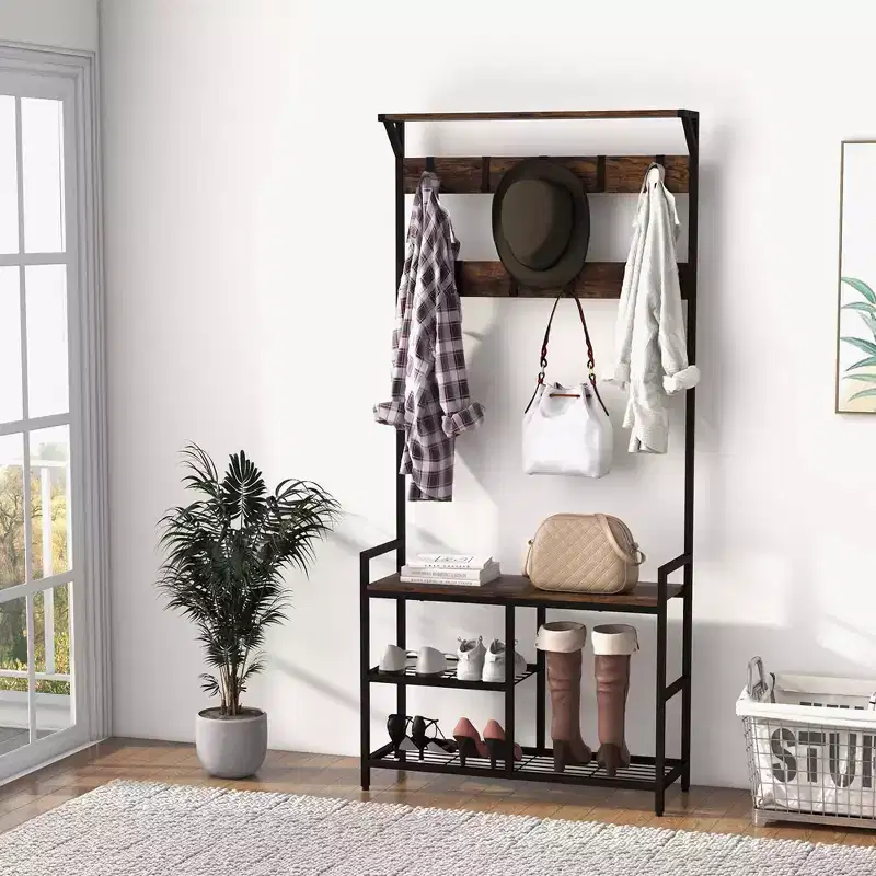 71'' Coat Rack Hall Tree with Shoe Bench Industrial Entryway Storage Shelf with Hooks