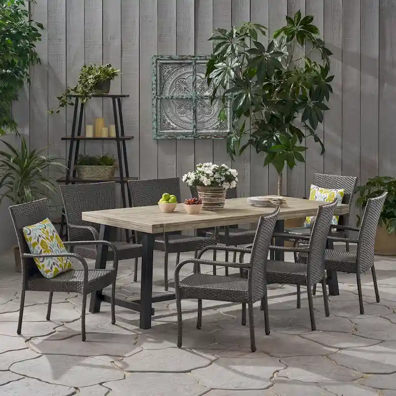 Jefferson Outdoor 8 Seater Wood and Wicker Dining Set by Christopher Knight Home