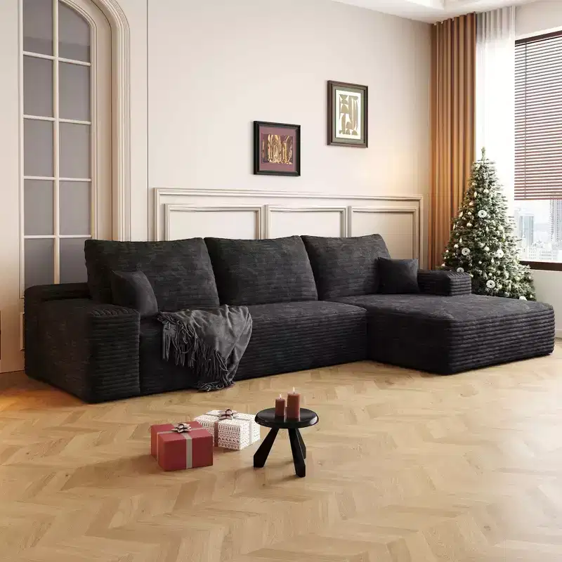 L-Shape Corduroy Sectional Sofa with Deep Seat, No Assembly Required