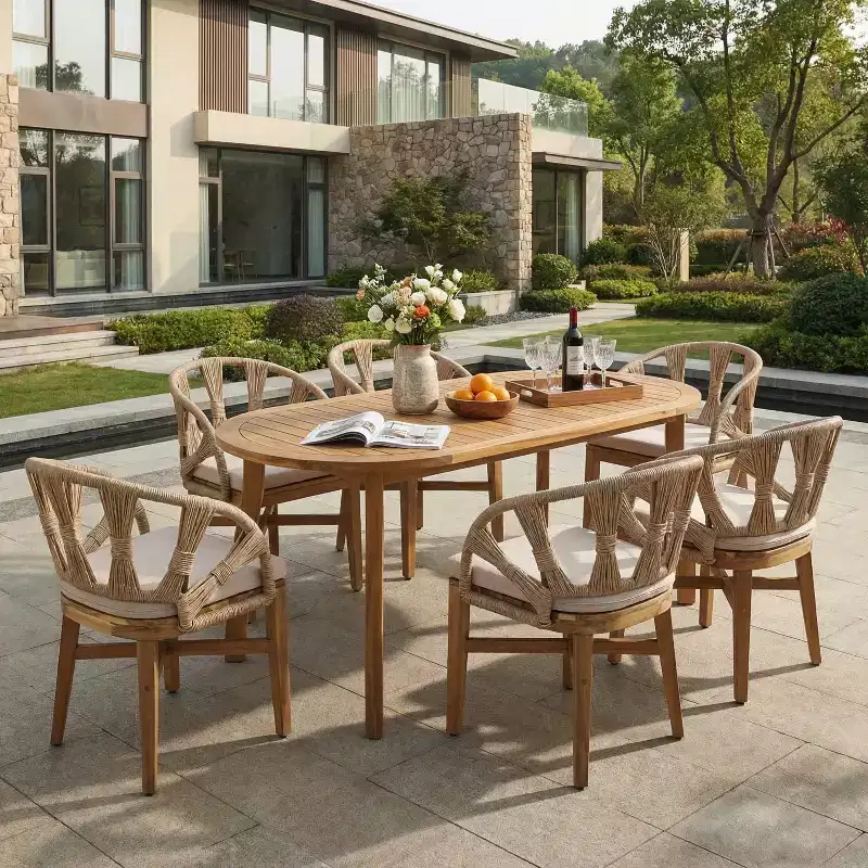 Christopher Knight Home Cascade 7 Piece Boho Outdoor Acacia Wood Wicker Dining Set with Outdoor Oval Slatted Table