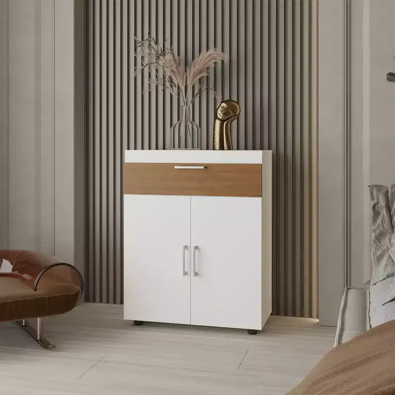 FM FURNITURE North Fork Shoe Rack, Pneumatic Lift-Up Compartment, Dual Doors, White and Natural Oak