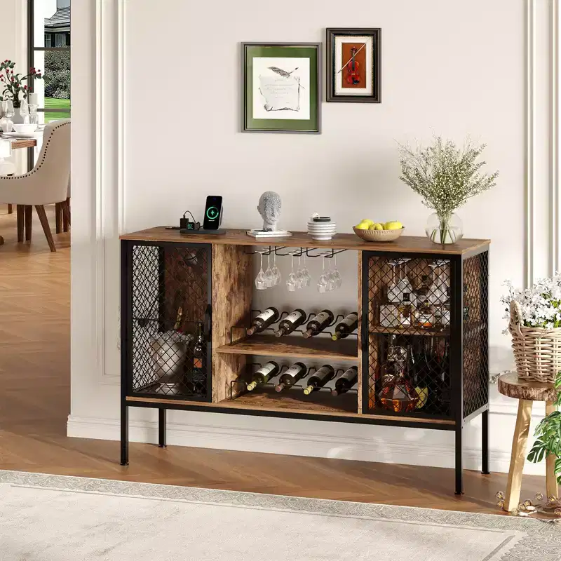 Wood Liquor Cabinet w/Doors, Glass Holders & Storage, Industrial Coffee Bar Cabinet with Led Lights and Power Outlets, for Home Dining Living Room