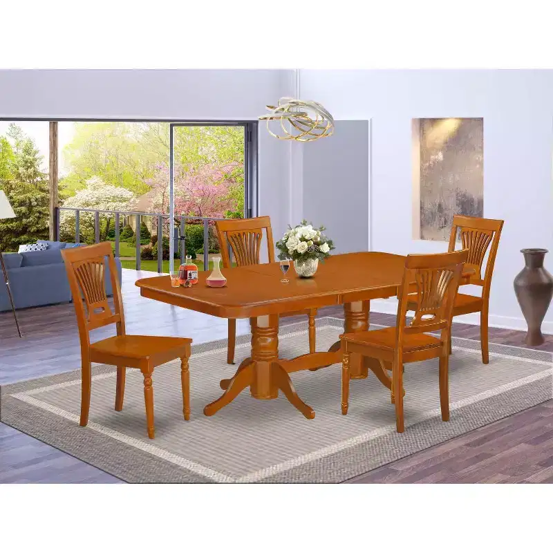 Rustic Dining Table Set 5 Piece - Kitchen Table with Chairs, Extension Leaf, Saddle Brown Finish
