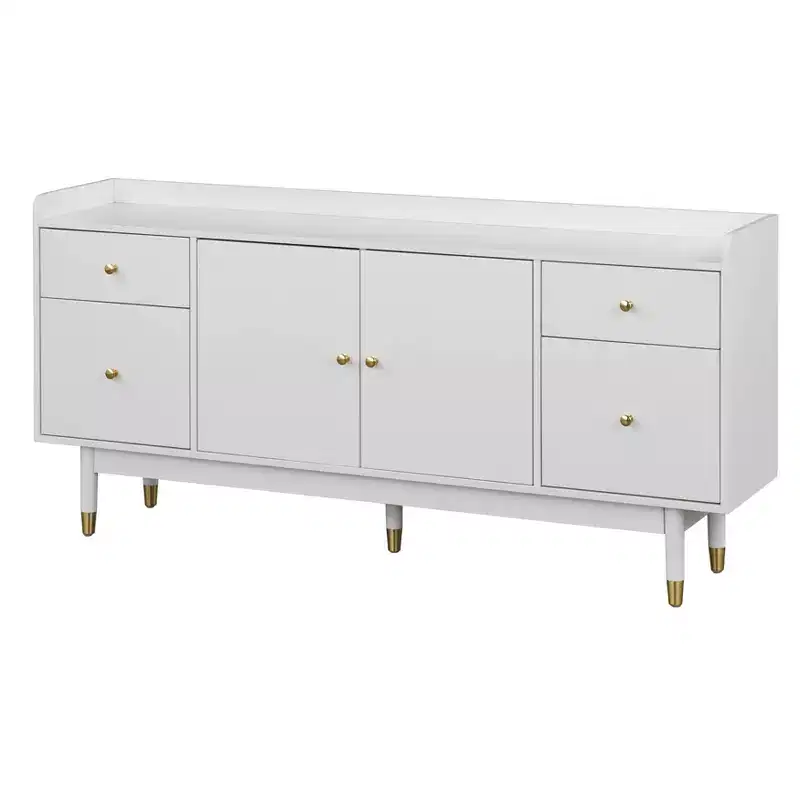 Mid-Century Modern Buffet with 4 Drawers and Adjustable Shelf – White