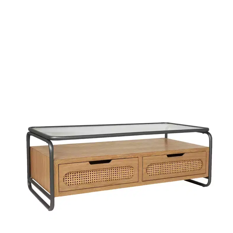 Olivia & May Wooden 1 Shelf Coffee Table with 2 Cane Front Drawers and Gray Metal Frame Brown: Indoor Modern Farmhouse Style, No Assembly Required