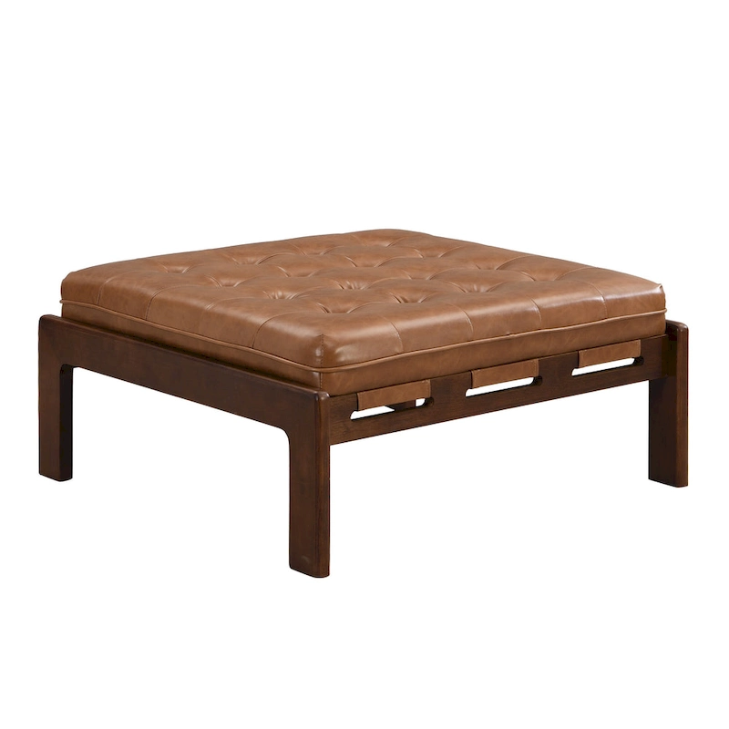 Christopher Knight Home - 34 Tufted Upholstered Cocktail Ottoman, Square Leather Ottoman Coffee Table with Rubber Wood Frame