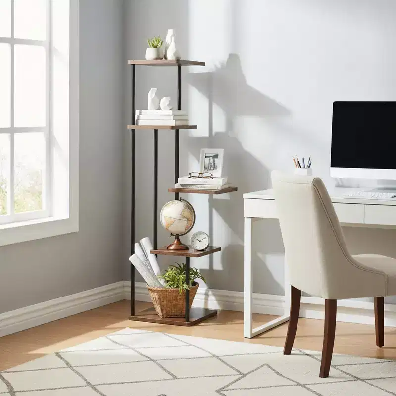 5-Tier Plant Stand with Rustic Brown Shelves and Black Metal Frame, Corner Display Rack