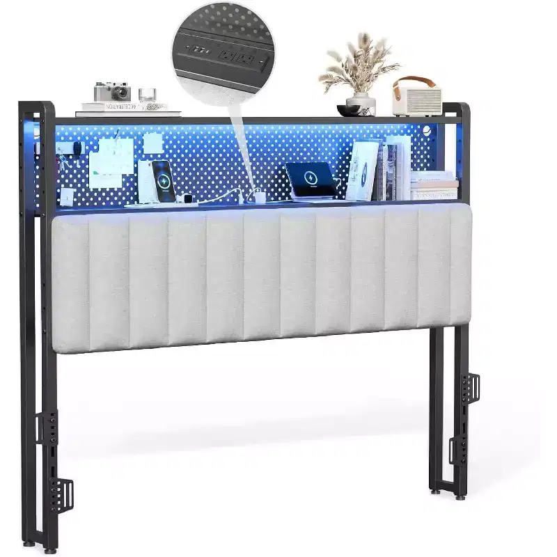 VINGLI eadboard, Adjustable Upholstered Headboard with 2 Tier Shelves and Pegboard with Charging Stations and LED Lights