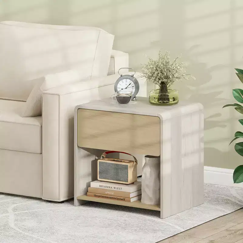 Costway Modern Style Nightstand 2-Tier Sofa Side Bedside Table w/ Drawer & Open Shelf