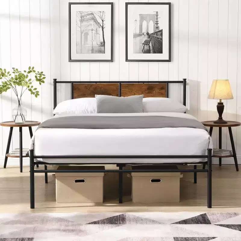 Okak Full Size Bed Frame with Headboard, Metal Platform Bed Frame with Wood Panel Decoration for Bedroom, Black+Brown