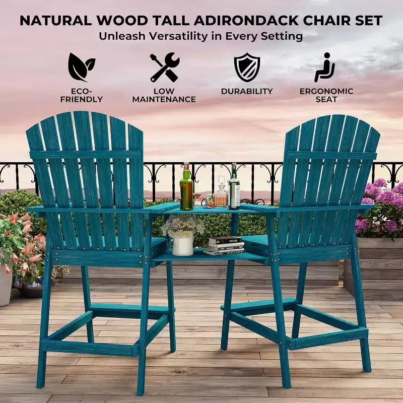 Acekool Bar Height Adirondack Chairs Set of 2 with Connecting Tray, Natural Wood Elevated Patio Chairs for Deck & Backyard