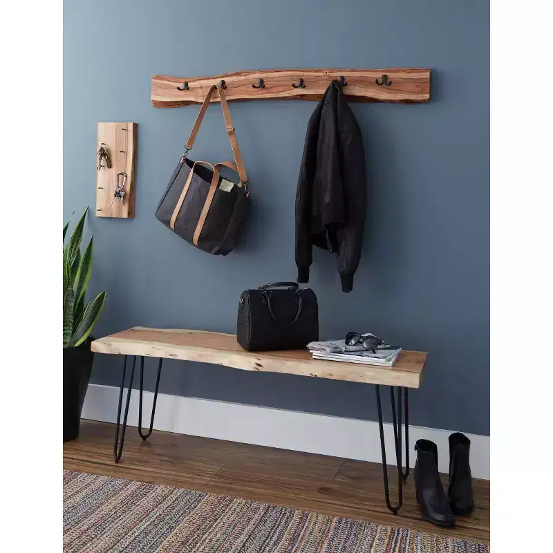48 Hairpin Live Edge Wood Bench with Coat Hook Set Natural - Alaterre Furniture