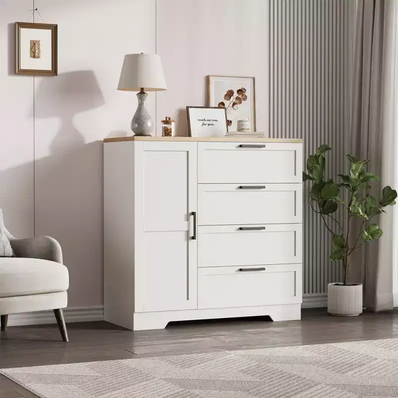 Wooden wardrobe with 4 drawers and doors, bedroom closet, clothing storage, includes hanging rod, suitable for bedrooms
