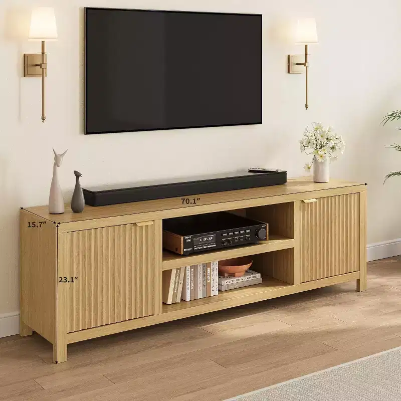 Storage TV cabinet, wooden media console cabinet with ripple doors and golden handles, suitable for living room and bedroom