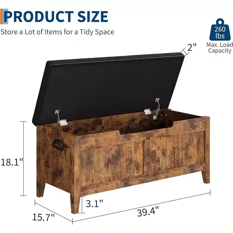 39.4in Storage Bench with Padded Seat, Wooden Chest Storage Box with 2 Safety Hinges for Entryway Living Room, Bedroom, Easy Assembly