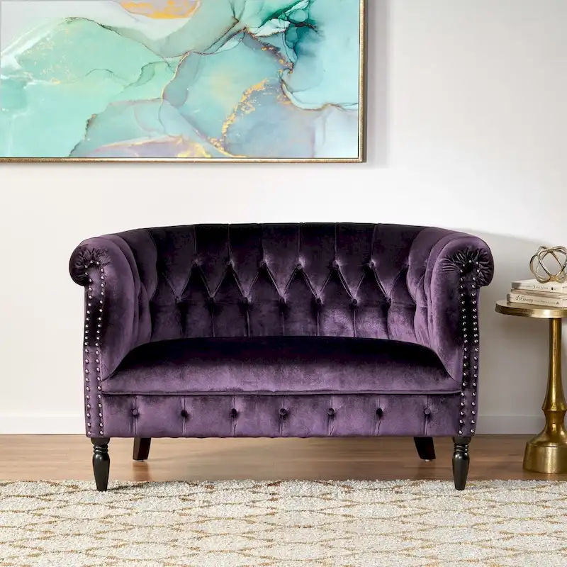 Velvet Tufted Scroll Arm Loveseat