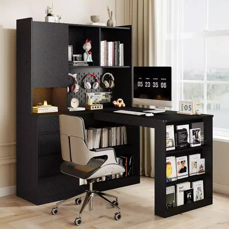 MooxvMoo L Shaped Wooden Right Desk with LED Lights, Drawers and Bookshelf, Modern Corner Computer Table for Home Office and Gaming, Black
