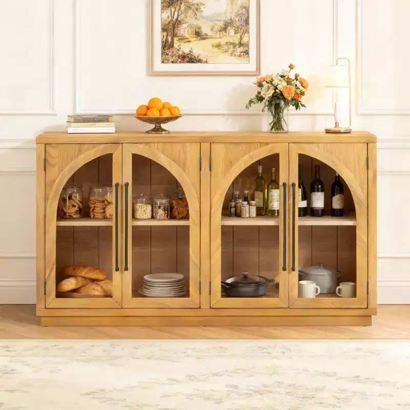 4-Door Sideboard Buffet Cabinet with Glass Doors and Adjustable Shelves