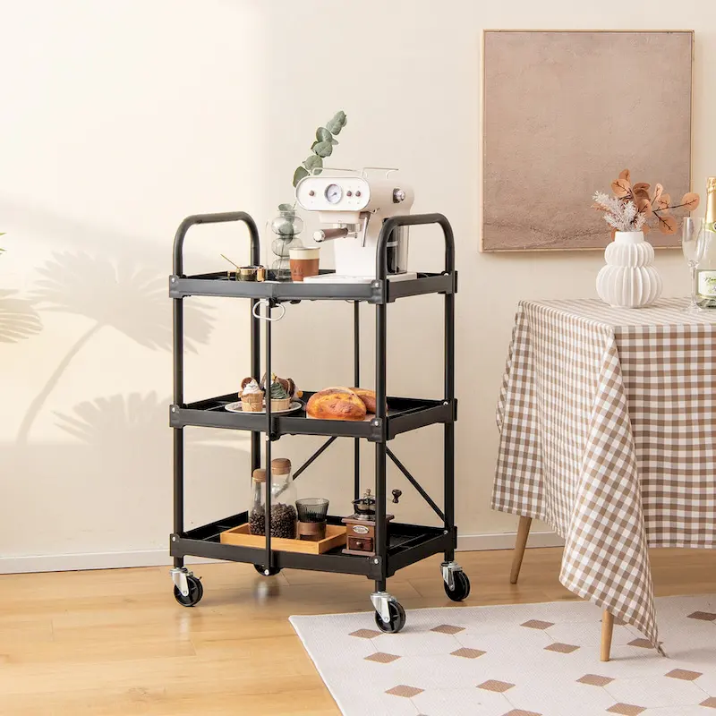 Costway Folding Collapsible Service Cart Heavy-Duty 3-Shelf Tool Cart - 24 x 17 x 38 (L x W x H)