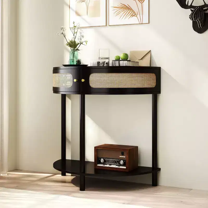 Elegant Semi-Circle End Table with 2 Rattan Drawers and Bottom Shelf for Living Room, Bedroom, Hallway