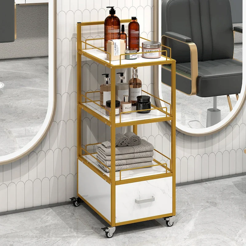 3-Tier Rolling Salon Cart with Drawer – Gold & Black / Gold & White, Metal Frame, Marble-Grain Board