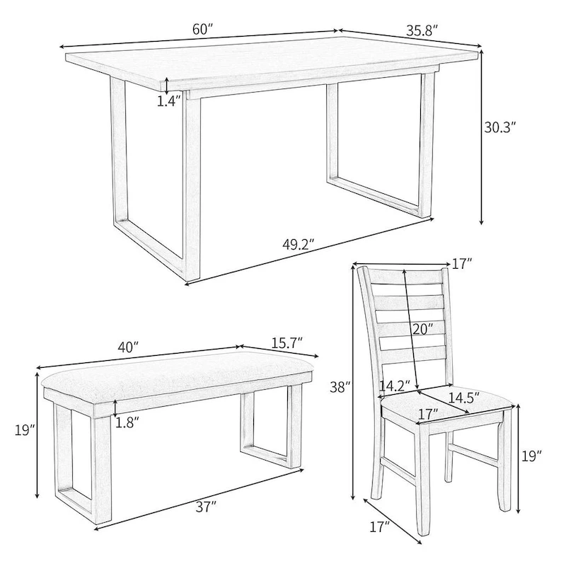 60 Rectangular Solid Wood Dining Table with 4 Upholstered Chairs and Bench
