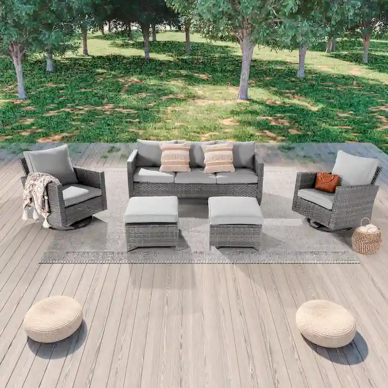 LIVOOSUN 5Pcs Patio Gray Rattan Outdoor Furniture Swivel Rocking Sofa Set