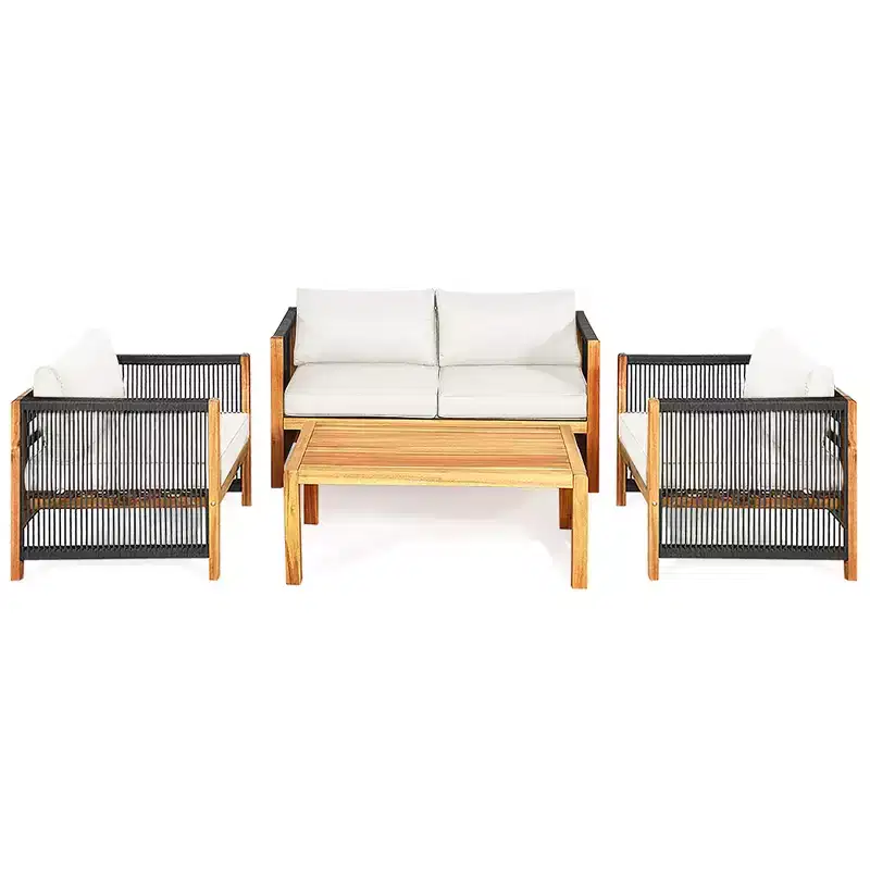 Costway 4PCS Wooden Patio Furniture Set Cushioned Sofa W/Rope Armrest White\Turquoise\Red
