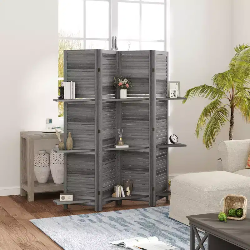 4-Panel Folding Room Divider, 6 Ft Freestanding Bamboo Privacy Screen Panel with Storage Shelves for Bedroom or Office