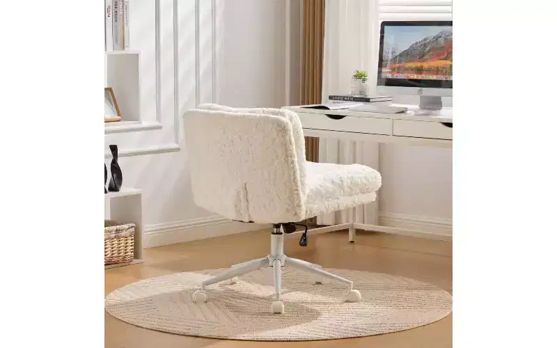 TUYOHW Plush Faux Alpaca Ergonomic Office Chair, 26.4 Wide Seat Home Office Desk Chair, Adjustable Swivel Vanity Chair with Metal Base