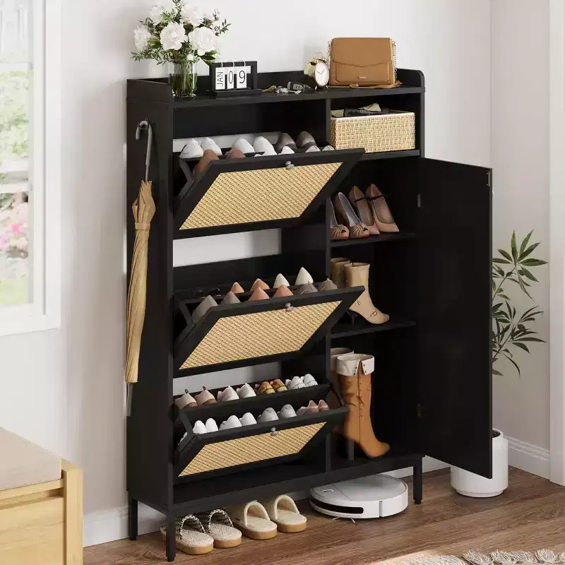 4-Tier Rattan Shoe Storage Cabinet with 3 Flip Drawers, Freestanding Shoe Organizer with Adjustable Shelves for Entryway, Closet, Hallway