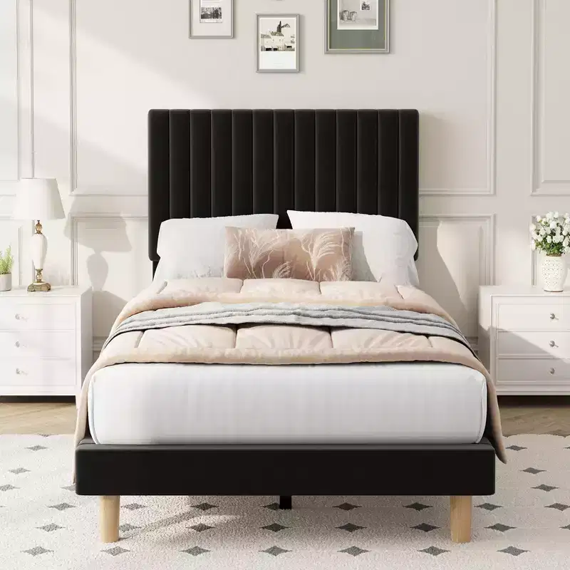Acekool Bed Frame with Adjustable Velvet Headboard, Channel Tufted Upholstered Platform Bed, Wood Slats, No Box Spring Needed