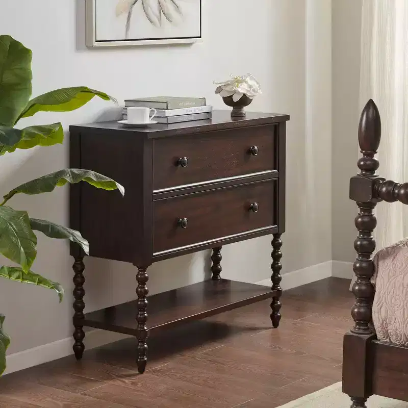 Farmhouse Solid Wood 2-Drawer Dresser Side Table with Shelf, Bedside, End Table for Living Room
