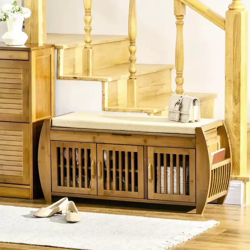 Shoe Bench with Storage Cabinets, Bamboo Entryway Bench with Seating Cushion, 3 Doors and Hidden Compartment for Hallway Cherry