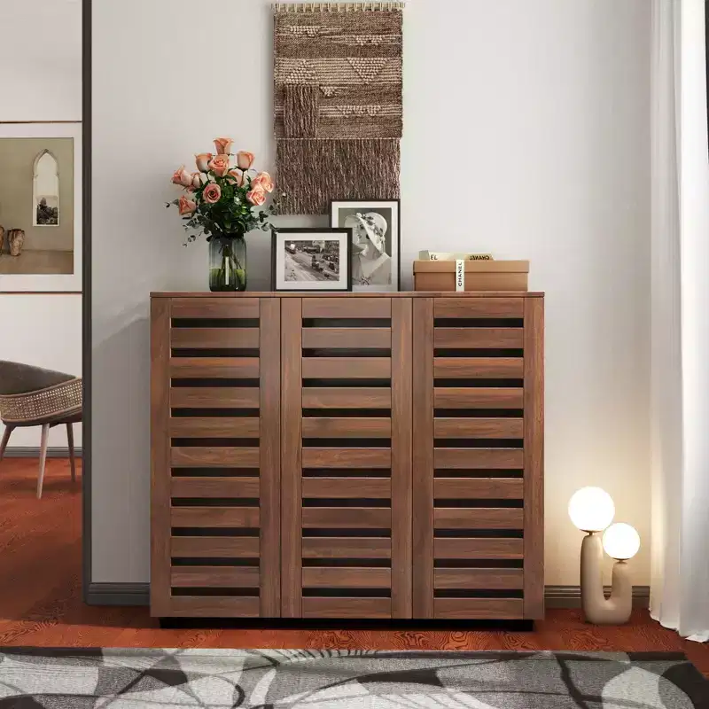 5-Tier Adjustable Shelf Shoe Rack with Louvered Doors, Wooden Shoe Storage Cabinet for Entryways, Walk-in Closets, and Living Rooms