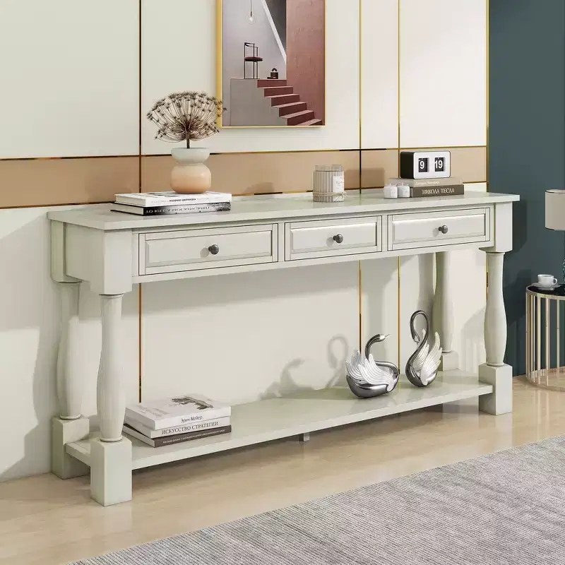 Mediterranean Style Rectangle Wood Long Console Table with Drawers and Shelf