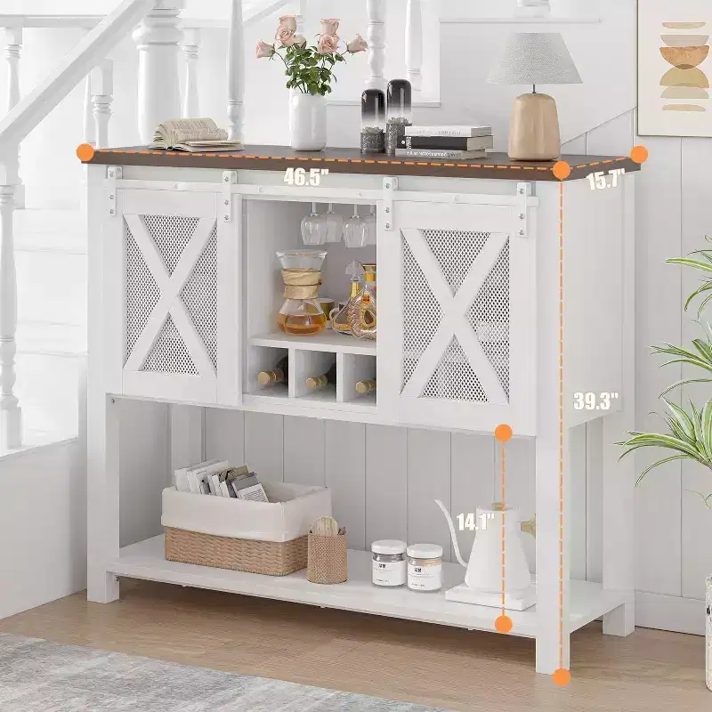 Farmhouse Bar Cabinet with Wine Glass Rack - Buffet Sideboard with Barn Door for Kitchen, Dining & Living Room