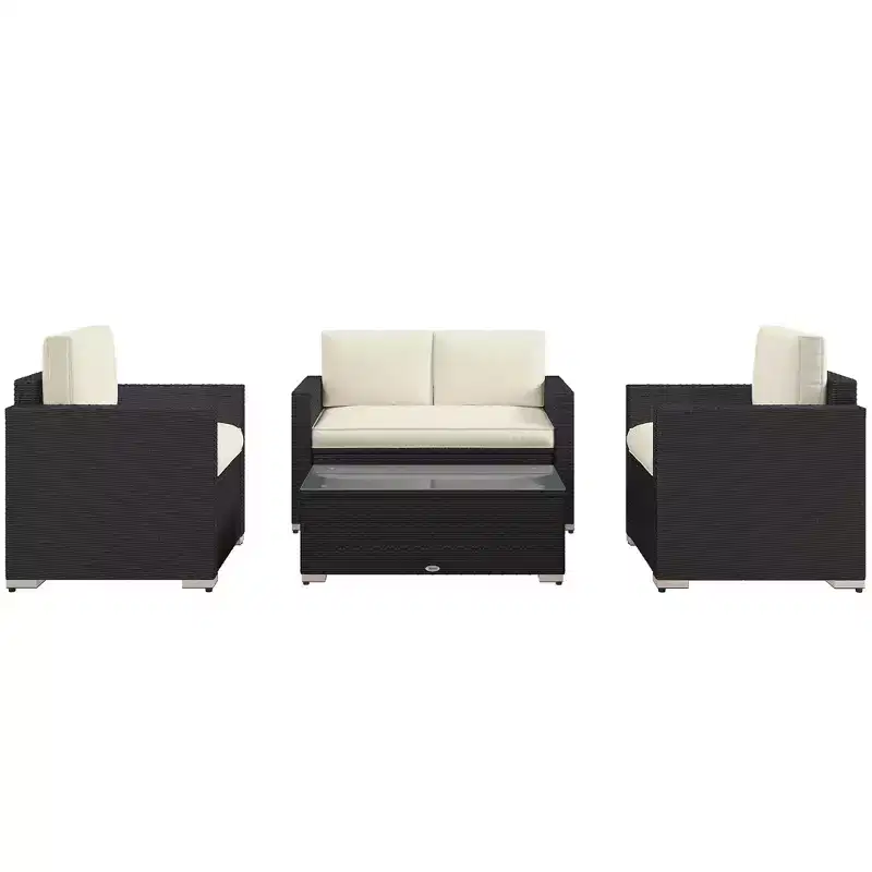 4 Pieces Rattan Sofa Set Wicker Patio Sofa Set with Loveseat Chairs Glass Top Coffee Table for Garden Outdoor