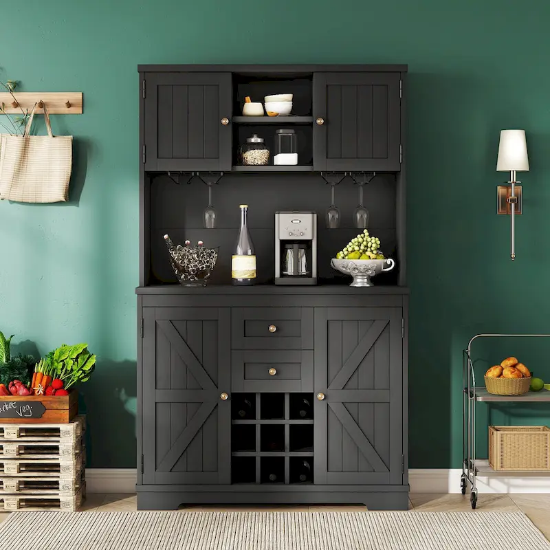 Coffee Bar Cabinet with Drawers, Freestanding Kitchen Pantry with Shelves and Cabinets, Buffet Cabinet with Glass Racks