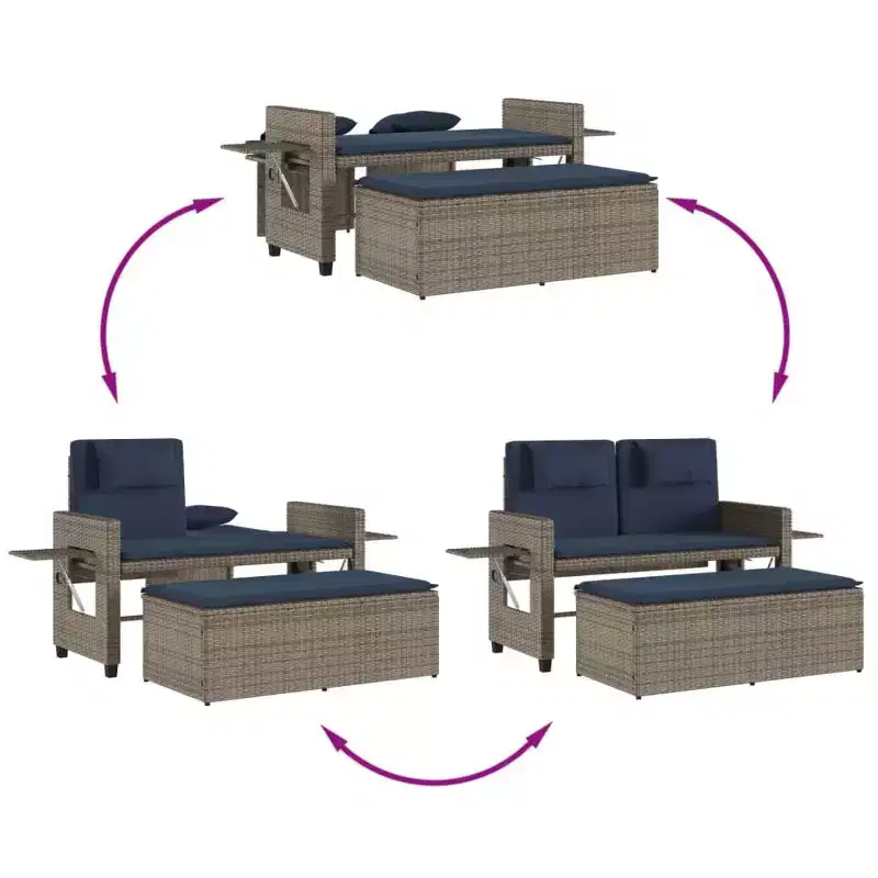 vidaXL Reclining Patio Bench with Cushions Seating Poly Rattan