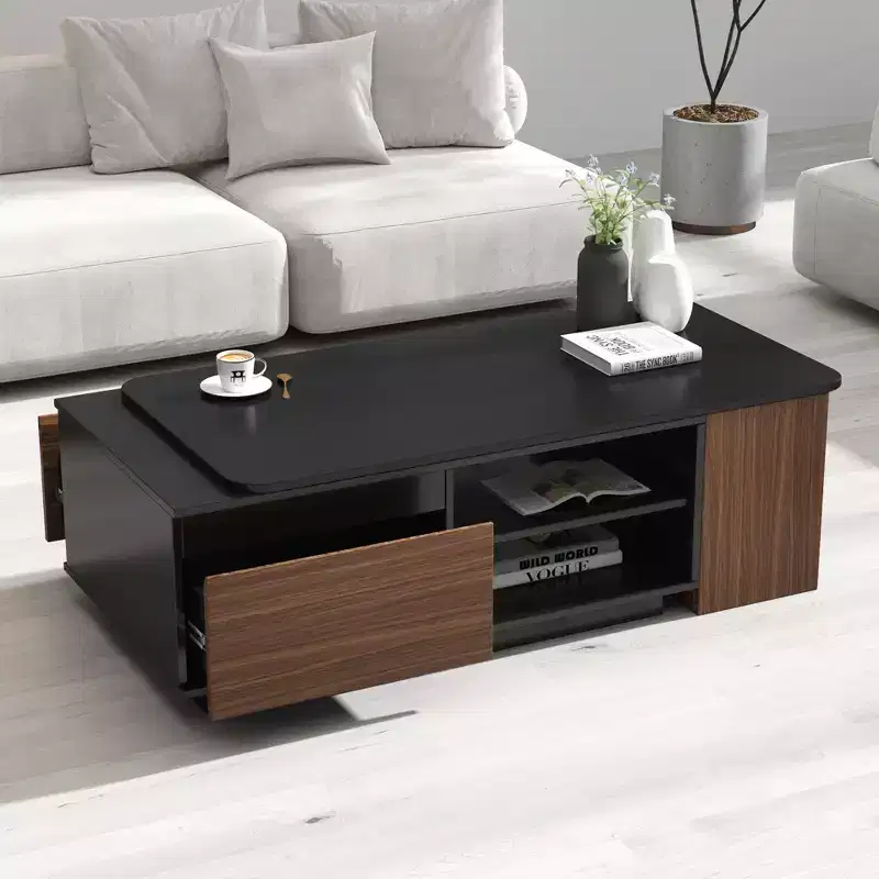 Modern Extendable Coffee Table with 2 Drawers & 2-Tier Shelves, Living Room Center Table