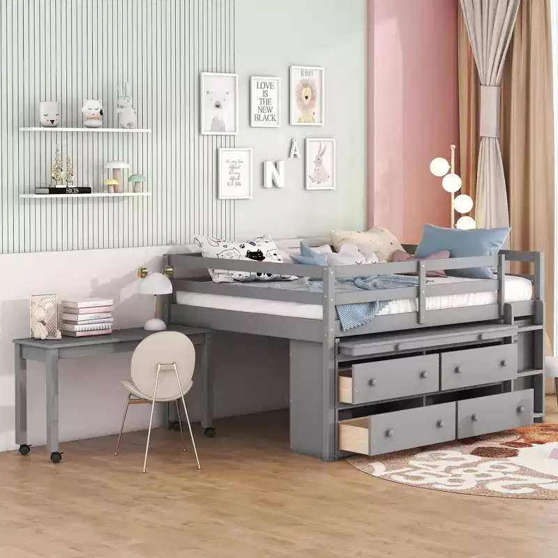 Twin/Full Size Loft Bed with Retractable Writing Desk and 4 Drawers, Wooden Low Loft Bed Frame with Shelves - ModernLuxe
