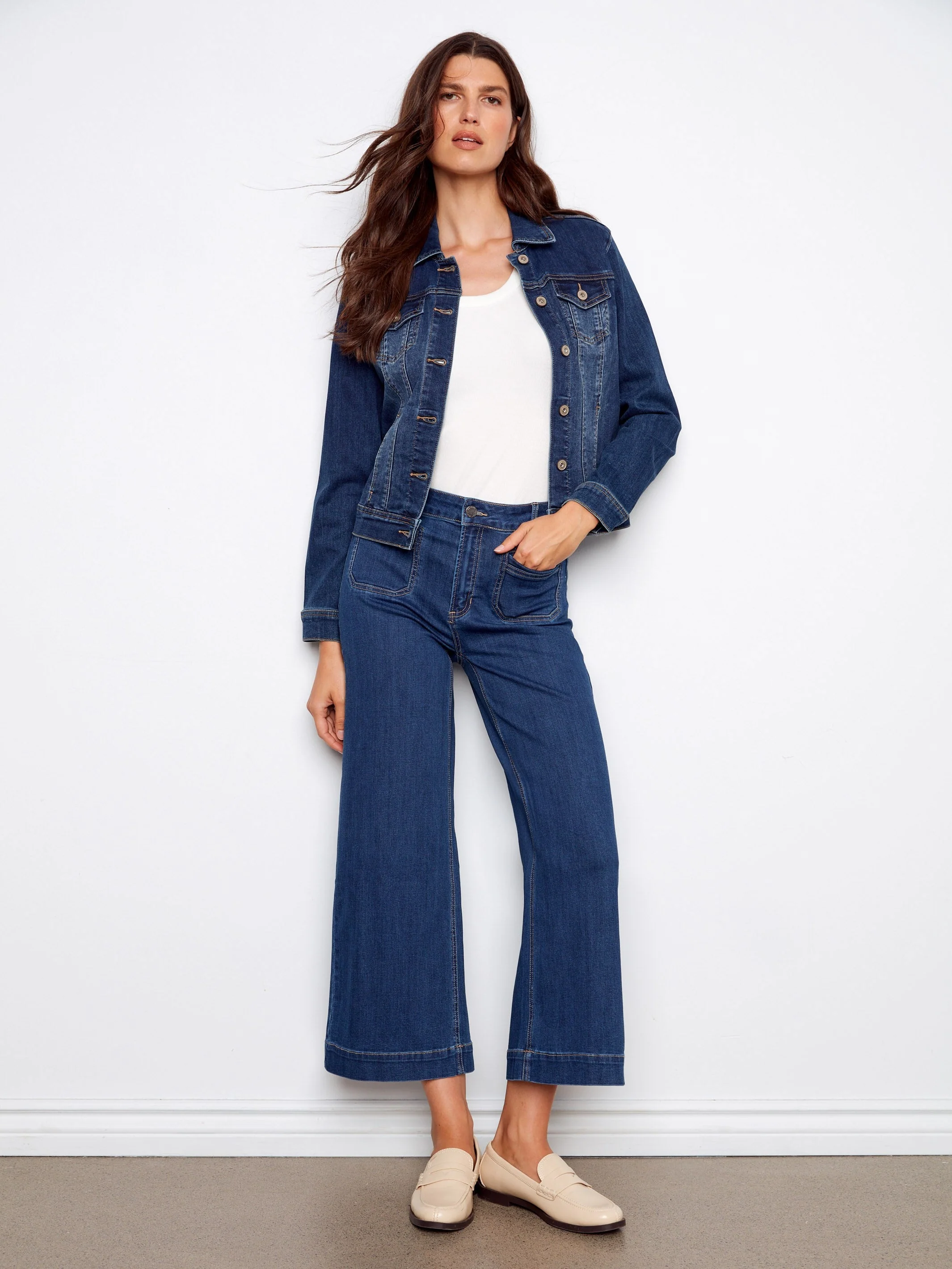Cropped Patch Pocket Flare Jeans - Indigo