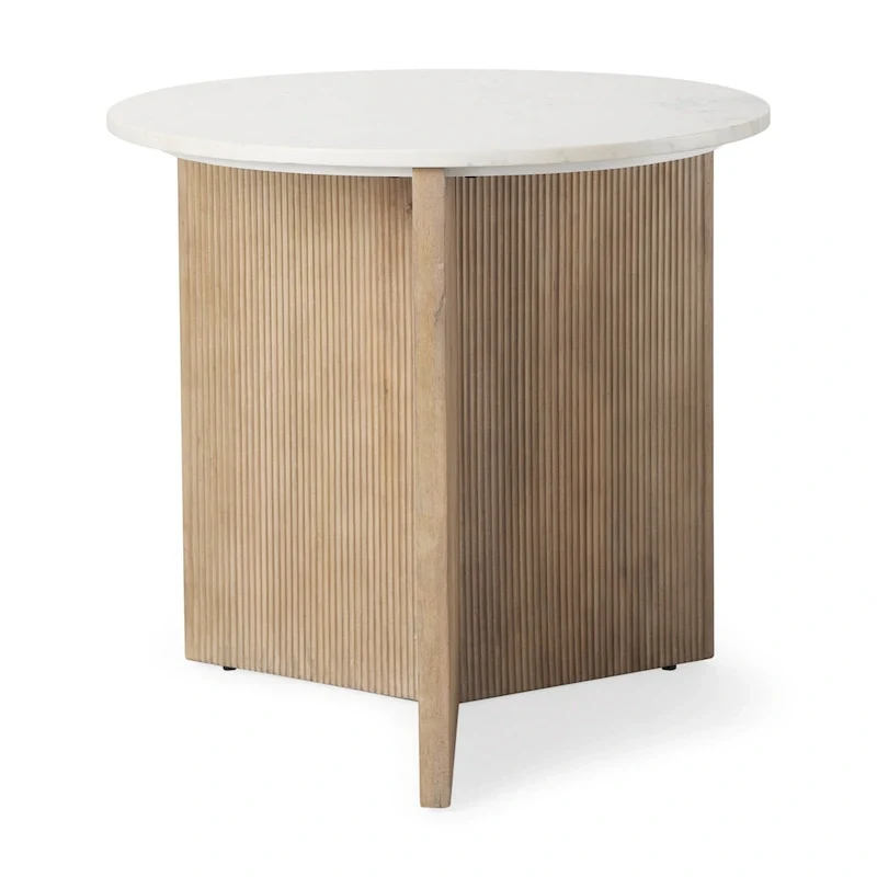 White Marble w/ Fluted Light Brown Solid Wood Round Accent Table