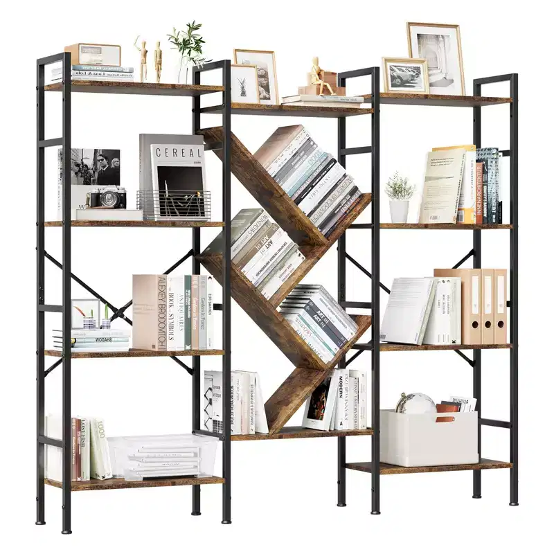 5-Tier Rustic Wooden Bookshelf C A-Black + Retro Finish C Wide Display Shelf for Bedroom/Living Room/Office (1-Pack)
